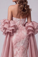 Load image into Gallery viewer, Sparkly Pink Mermaid Ruffled Beaded Long Evening Dress with Cape