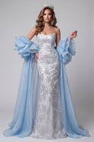 Load image into Gallery viewer, Sparkly Light Blue Strapless Sequins Mermaid Long Evening Dress with Sleeves