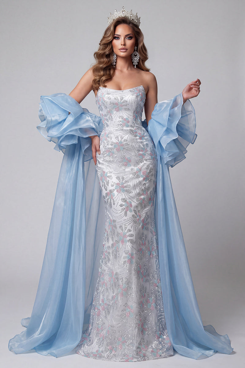 Load image into Gallery viewer, Sparkly Light Blue Strapless Sequins Mermaid Long Evening Dress with Sleeves