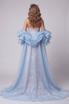 Sparkly Light Blue Strapless Sequins Mermaid Long Evening Dress with Sleeves