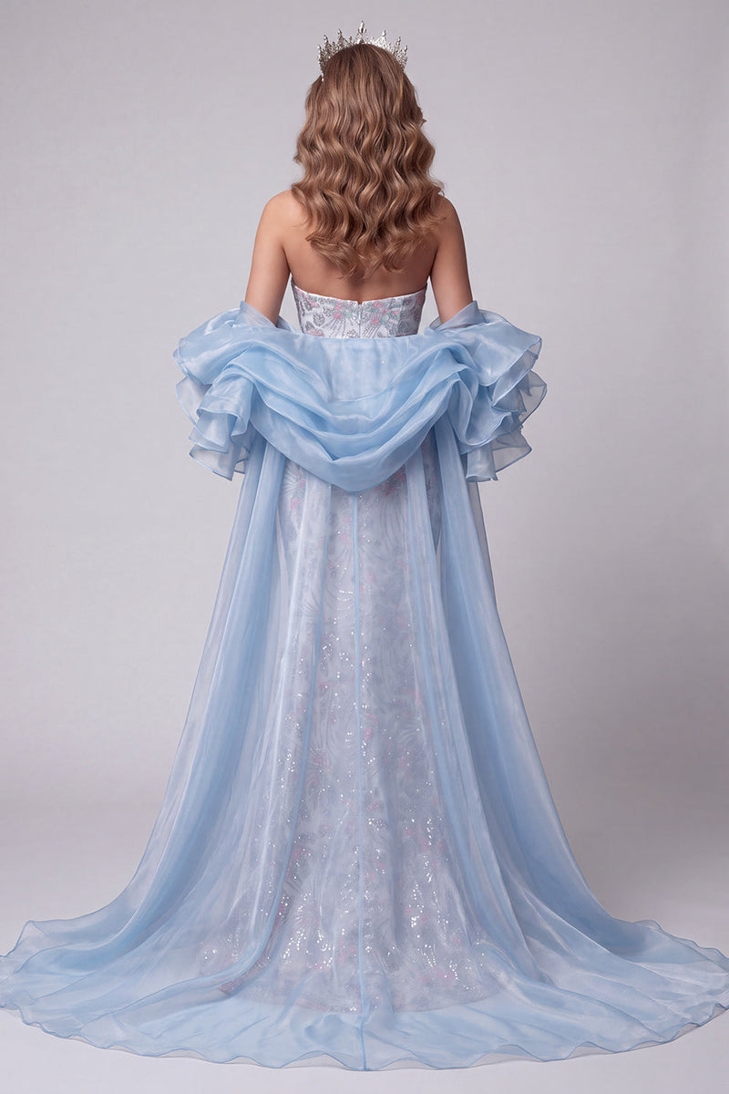 Load image into Gallery viewer, Sparkly Light Blue Strapless Sequins Mermaid Long Evening Dress with Sleeves