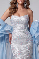 Load image into Gallery viewer, Sparkly Light Blue Strapless Sequins Mermaid Long Evening Dress with Sleeves