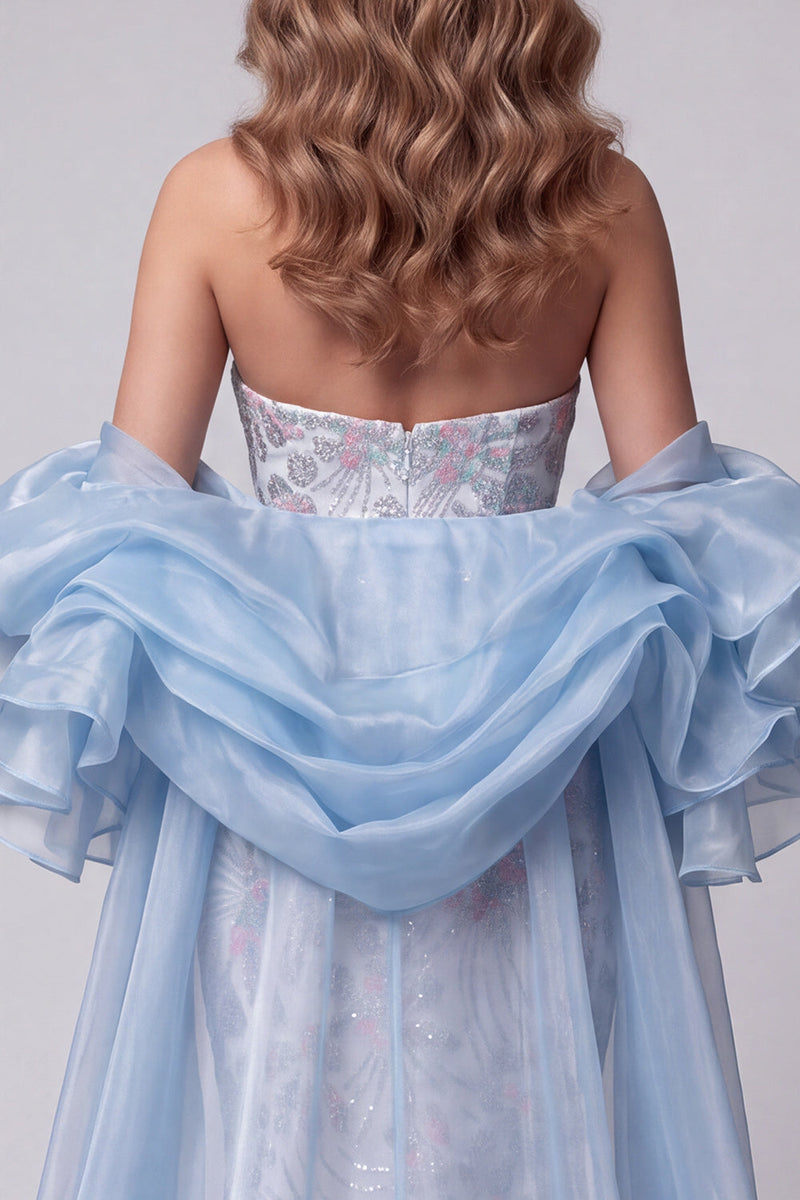 Load image into Gallery viewer, Sparkly Light Blue Strapless Sequins Mermaid Long Evening Dress with Sleeves