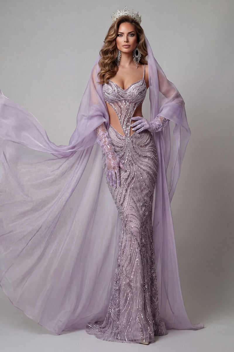 Load image into Gallery viewer, Sparkly Lilac Sequins Cut Out Mermaid Backless Long Evening Dress with Veil