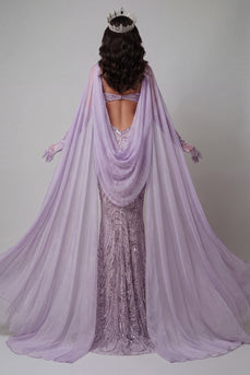 Sparkly Lilac Sequins Cut Out Mermaid Backless Long Evening Dress with Veil