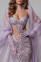 Load image into Gallery viewer, Sparkly Lilac Sequins Cut Out Mermaid Backless Long Evening Dress with Veil