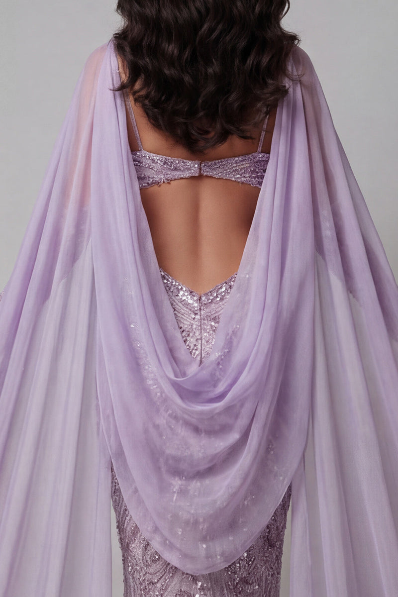 Load image into Gallery viewer, Sparkly Lilac Sequins Cut Out Mermaid Backless Long Evening Dress with Veil