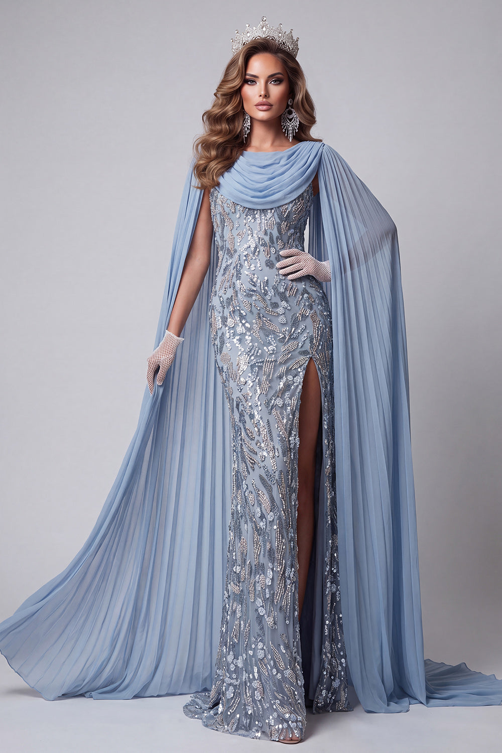 Sparkly Grey Blue Draped Beaded Mermaid Long Evening Dress with Slit