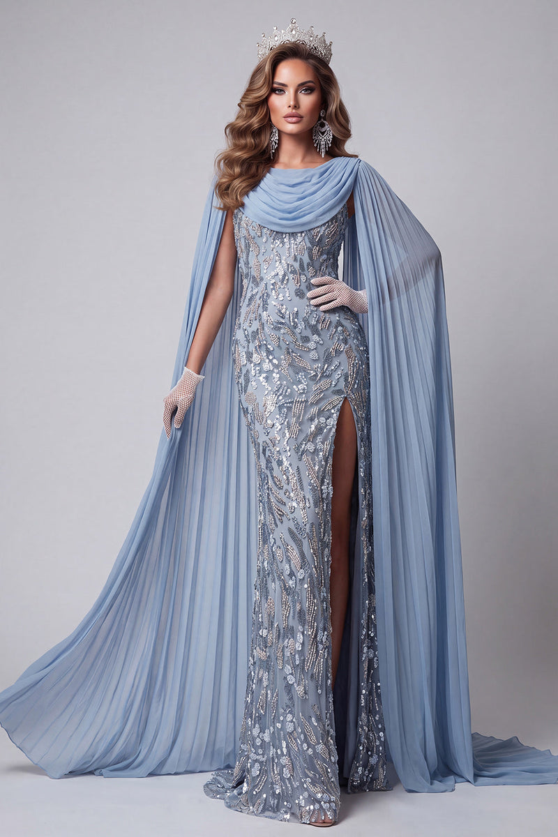Load image into Gallery viewer, Sparkly Grey Blue Draped Beaded Mermaid Long Evening Dress with Slit