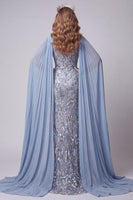 Load image into Gallery viewer, Sparkly Grey Blue Draped Beaded Mermaid Long Evening Dress with Slit