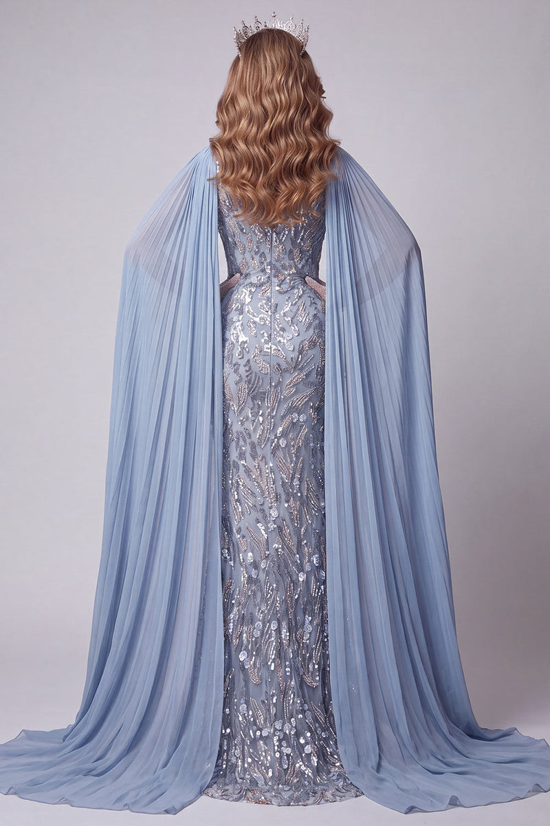 Load image into Gallery viewer, Sparkly Grey Blue Draped Beaded Mermaid Long Evening Dress with Slit