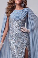 Load image into Gallery viewer, Sparkly Grey Blue Draped Beaded Mermaid Long Evening Dress with Slit