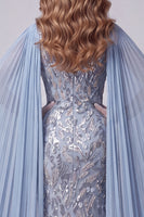 Load image into Gallery viewer, Sparkly Grey Blue Draped Beaded Mermaid Long Evening Dress with Slit