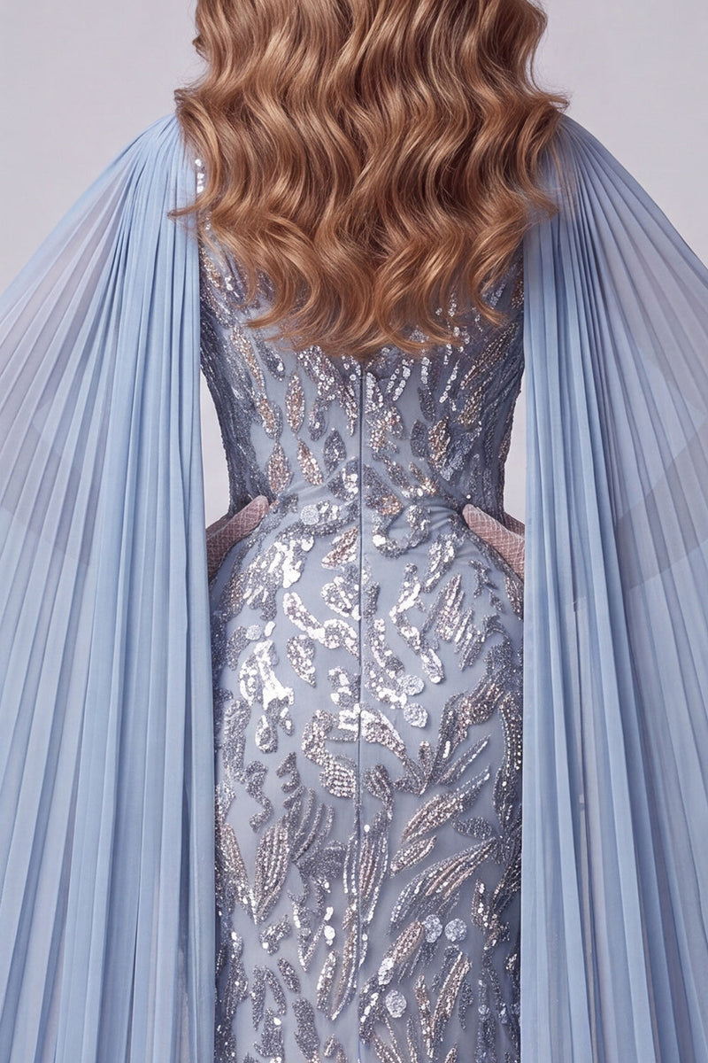Load image into Gallery viewer, Sparkly Grey Blue Draped Beaded Mermaid Long Evening Dress with Slit