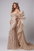 Load image into Gallery viewer, Sparkly Champagne Sequins Ruffled Long Mermaid Evening Dress with Cape