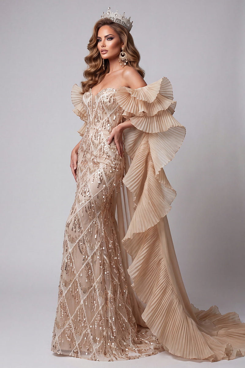 Load image into Gallery viewer, Sparkly Champagne Sequins Ruffled Long Mermaid Evening Dress with Cape