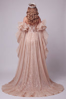 Load image into Gallery viewer, Sparkly Champagne Sequins Ruffled Long Mermaid Evening Dress with Cape