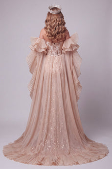 Sparkly Champagne Sequins Ruffled Long Mermaid Evening Dress with Cape
