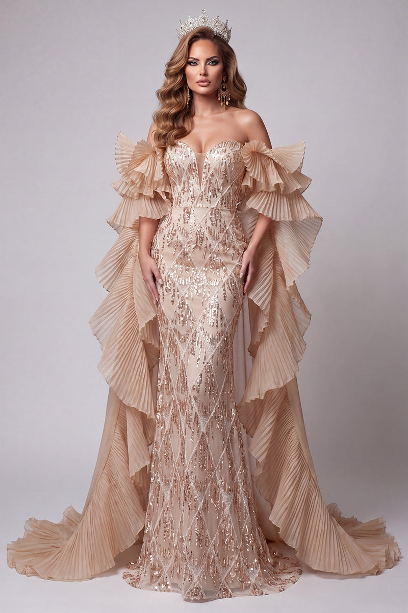 Load image into Gallery viewer, Sparkly Champagne Sequins Ruffled Long Mermaid Evening Dress with Cape