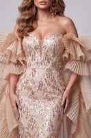 Load image into Gallery viewer, Sparkly Champagne Sequins Ruffled Long Mermaid Evening Dress with Cape