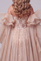 Load image into Gallery viewer, Sparkly Champagne Sequins Ruffled Long Mermaid Evening Dress with Cape