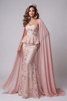 Load image into Gallery viewer, Sparkly Blush Mermaid Ruffled Sweetheart Long Evening Dress with Cape