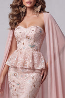Load image into Gallery viewer, Sparkly Blush Mermaid Ruffled Sweetheart Long Evening Dress with Cape