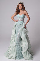 Load image into Gallery viewer, Sparkly Mint Green Sequins Corset Long Mermaid Evening Dress with Cape