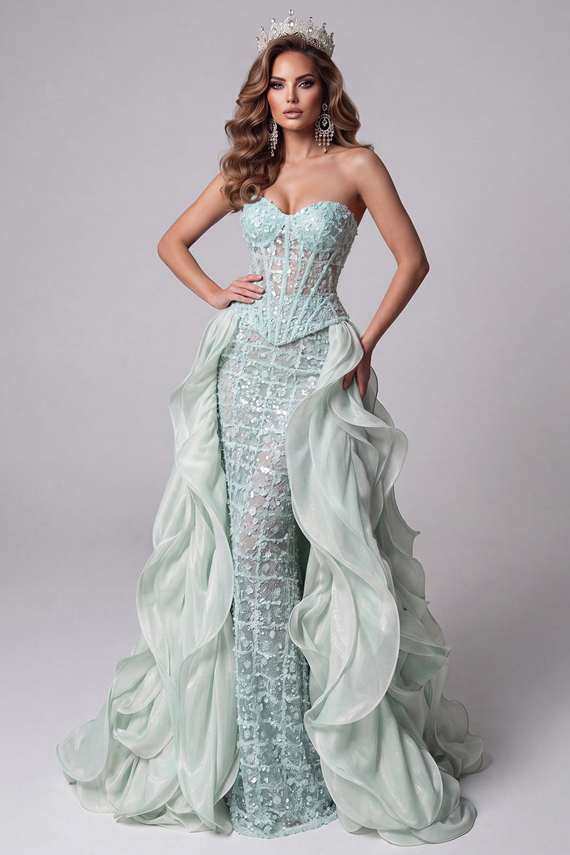 Load image into Gallery viewer, Sparkly Mint Green Sequins Corset Long Mermaid Evening Dress with Cape