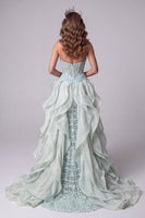 Load image into Gallery viewer, Sparkly Mint Green Sequins Corset Long Mermaid Evening Dress with Cape