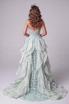 Sparkly Mint Green Sequins Corset Long Mermaid Evening Dress with Cape