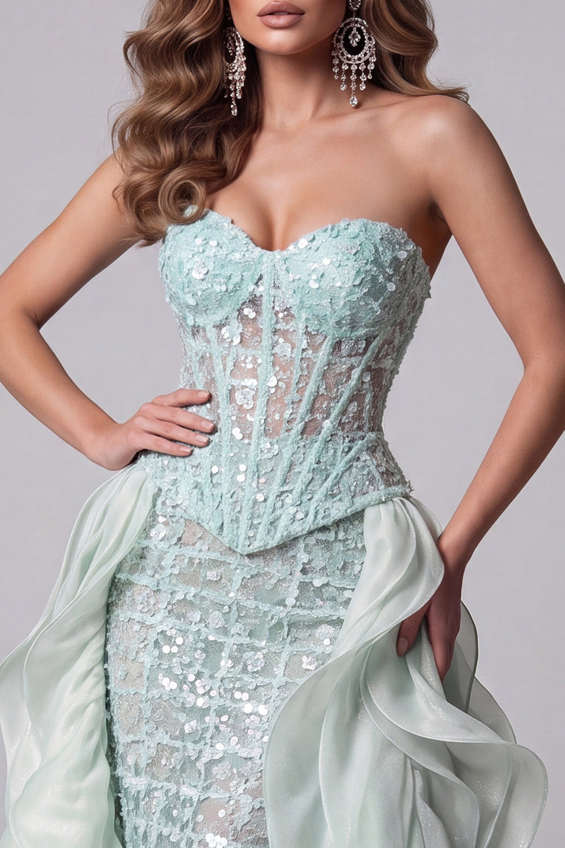 Load image into Gallery viewer, Sparkly Mint Green Sequins Corset Long Mermaid Evening Dress with Cape