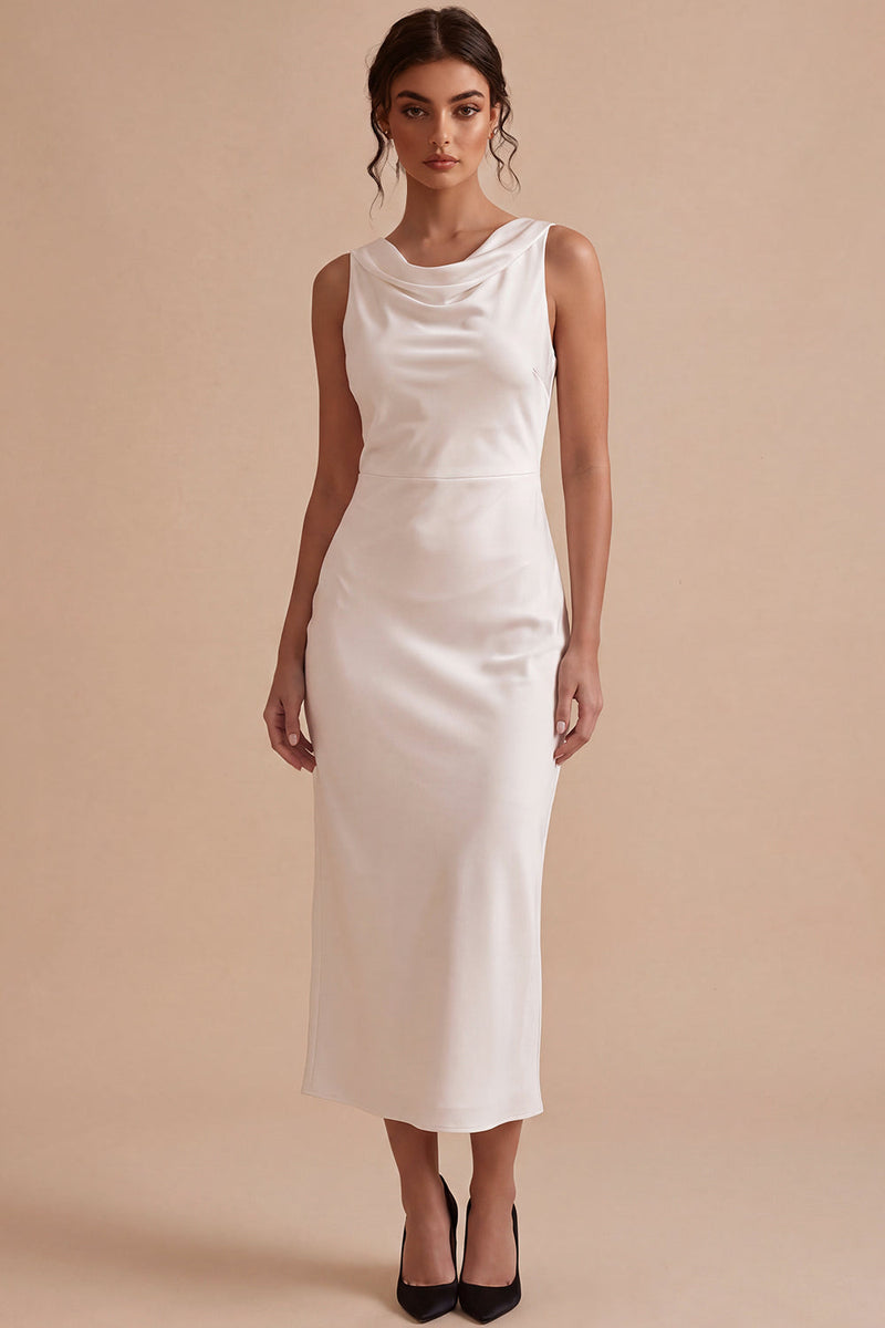 Load image into Gallery viewer, Simple White Sheath Satin Cowl Neck Maxi Engagement Dress