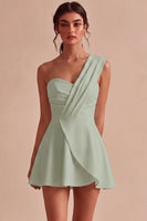 Load image into Gallery viewer, White Ruched One Shoulder A Line Mini Graduation Dress
