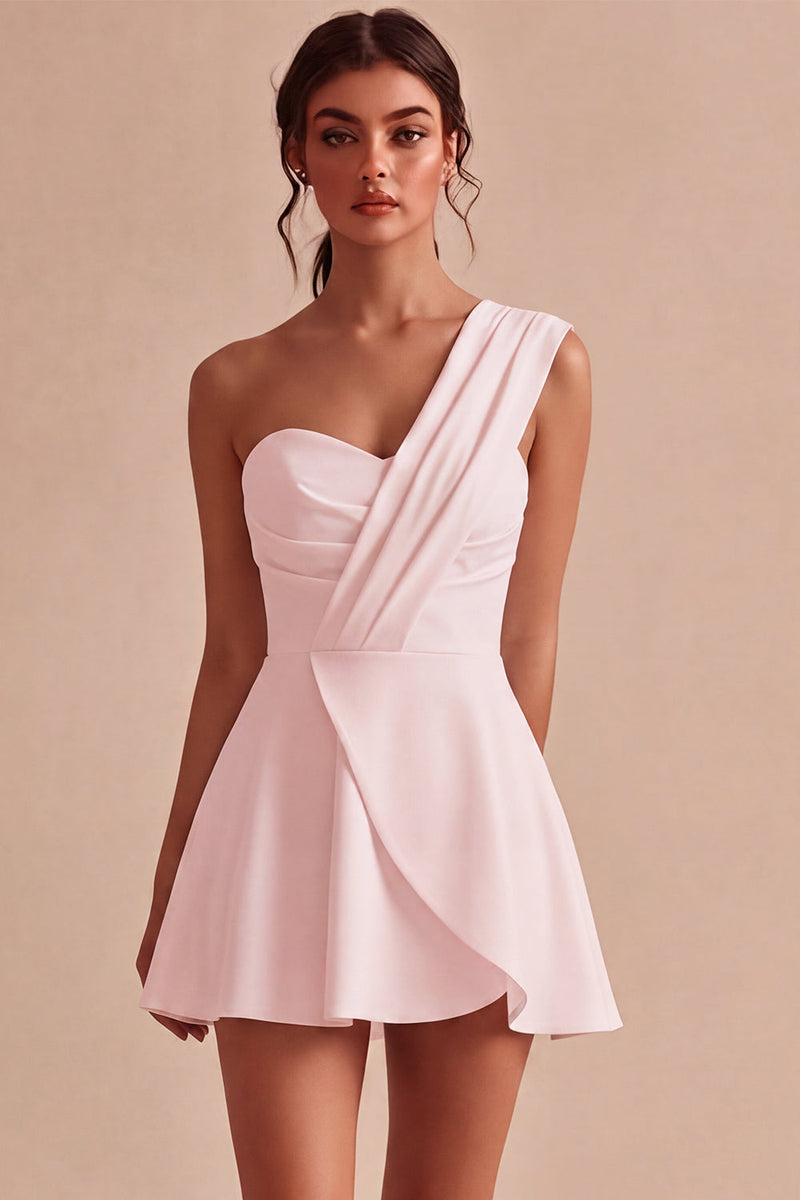 Load image into Gallery viewer, White Ruched One Shoulder A Line Mini Graduation Dress