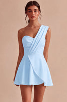 Load image into Gallery viewer, White Ruched One Shoulder A Line Mini Graduation Dress