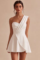 Load image into Gallery viewer, White Ruched One Shoulder A Line Mini Graduation Dress