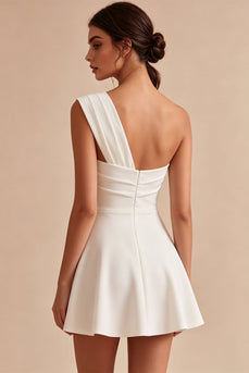 White Ruched One Shoulder A Line Mini Graduation Dress