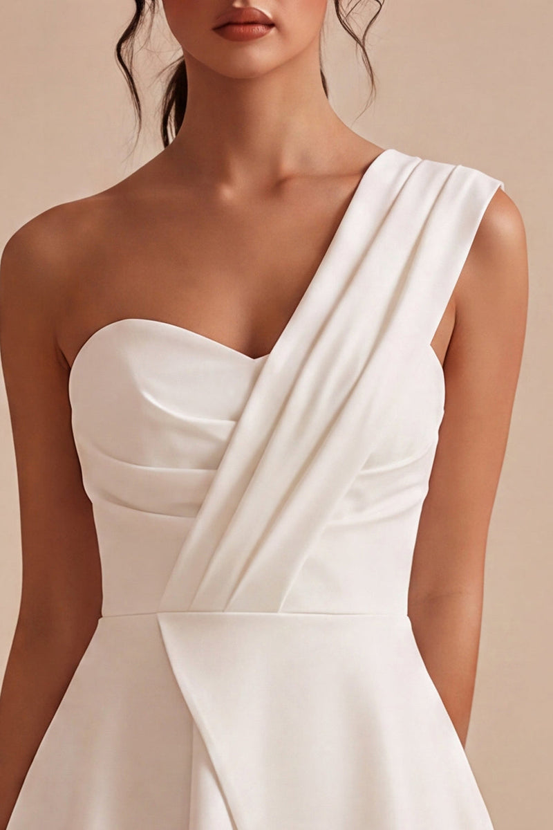Load image into Gallery viewer, White Ruched One Shoulder A Line Mini Graduation Dress