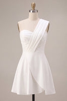 Load image into Gallery viewer, White Ruched One Shoulder A Line Mini Graduation Dress