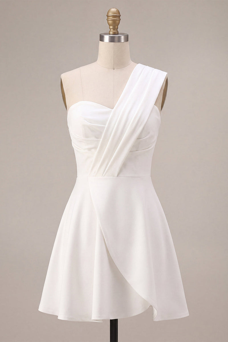 Load image into Gallery viewer, White Ruched One Shoulder A Line Mini Graduation Dress