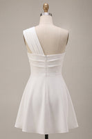 Load image into Gallery viewer, White Ruched One Shoulder A Line Mini Graduation Dress