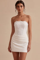 Load image into Gallery viewer, White Strapless Ruched Tight Short Corset Lace Graduation Dress