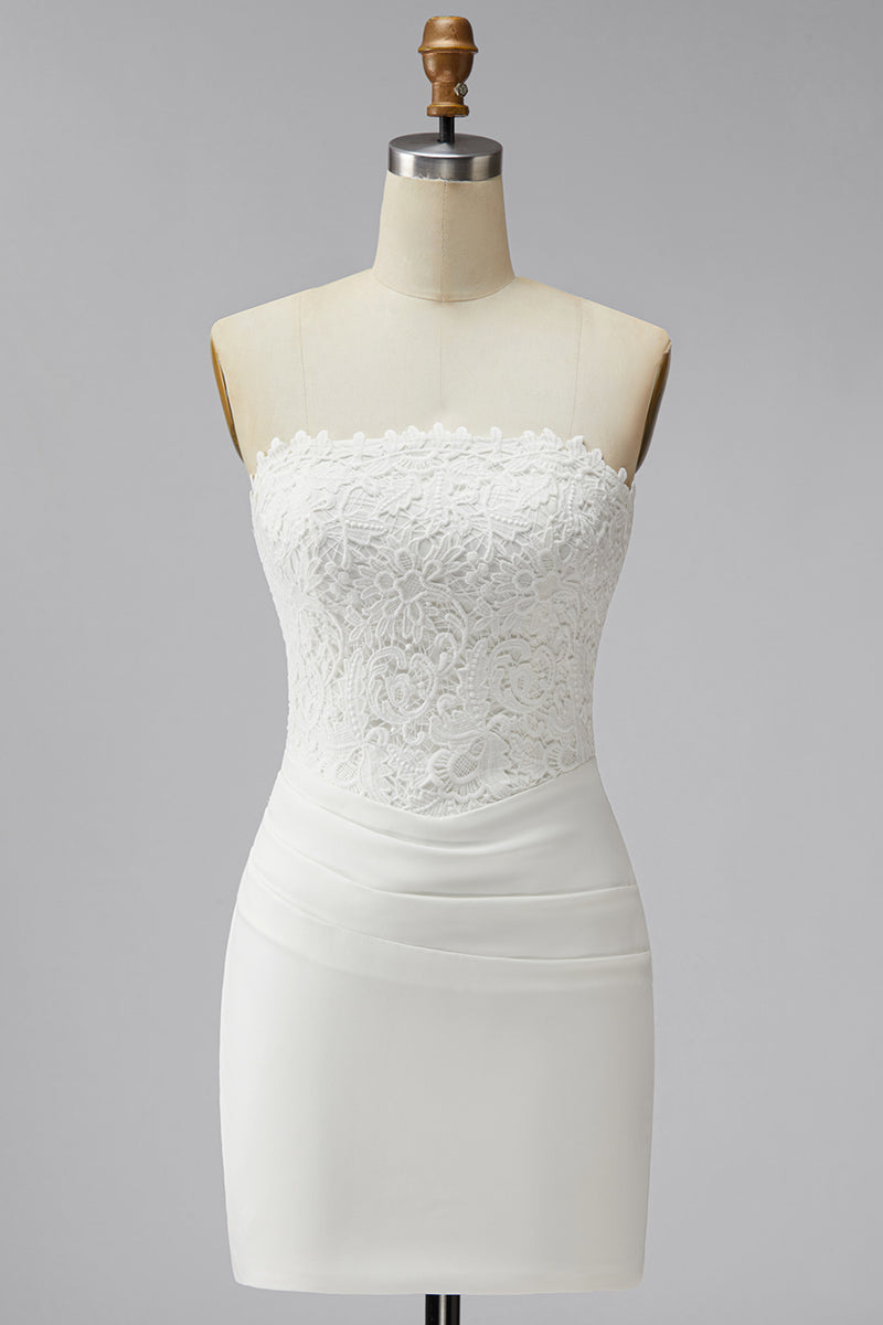 Load image into Gallery viewer, White Strapless Ruched Tight Short Corset Lace Graduation Dress