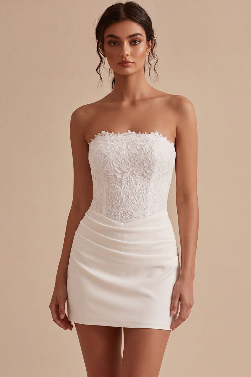 Load image into Gallery viewer, White Strapless Ruched Tight Short Corset Lace Graduation Dress