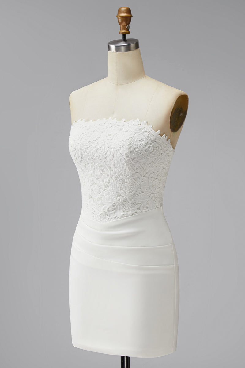 Load image into Gallery viewer, White Strapless Ruched Tight Short Corset Lace Graduation Dress