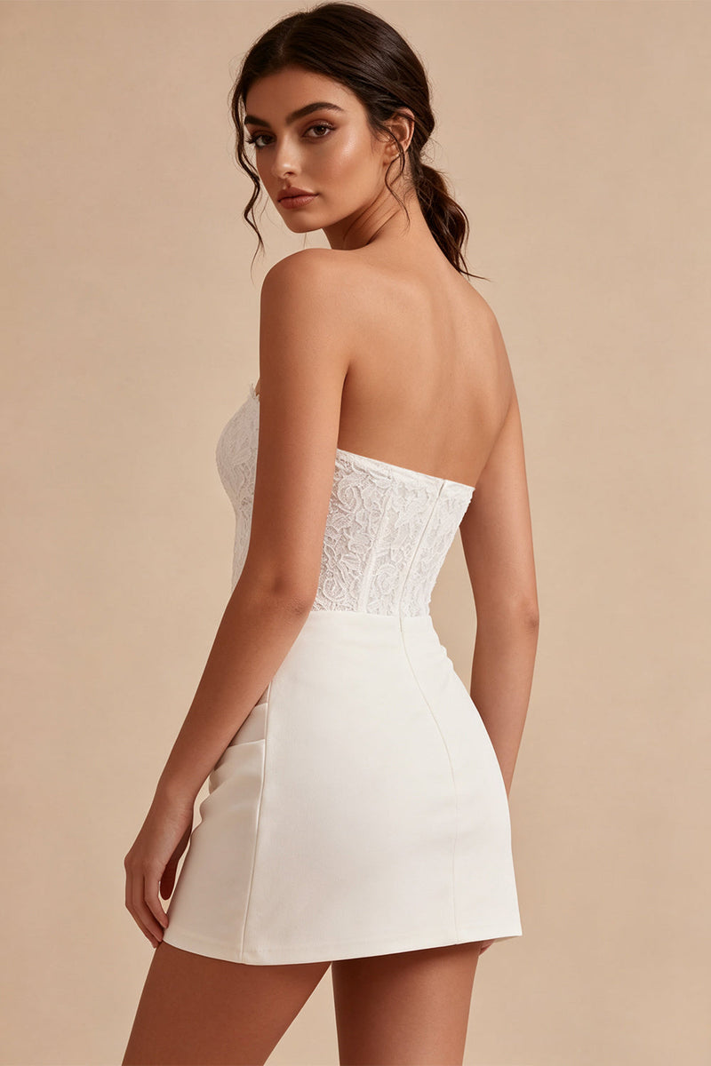 Load image into Gallery viewer, White Strapless Ruched Tight Short Corset Lace Graduation Dress