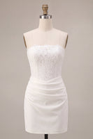 Load image into Gallery viewer, White Strapless Ruched Tight Short Corset Lace Graduation Dress