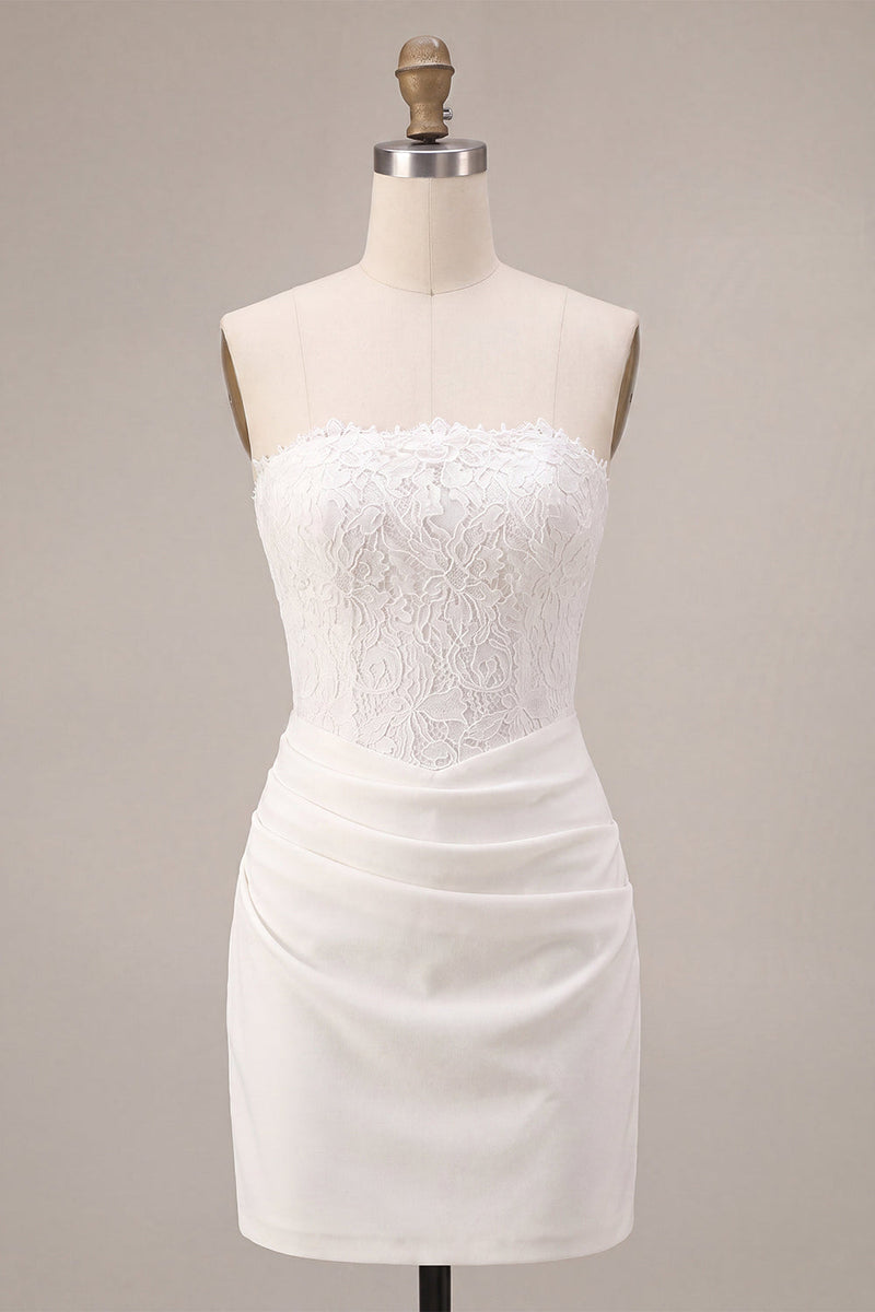 Load image into Gallery viewer, White Strapless Ruched Tight Short Corset Lace Graduation Dress