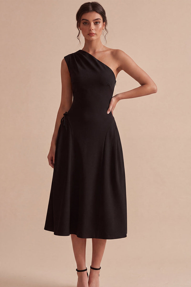 Load image into Gallery viewer, White One Shoulder A-Line Midi Engagement Dress with Bow